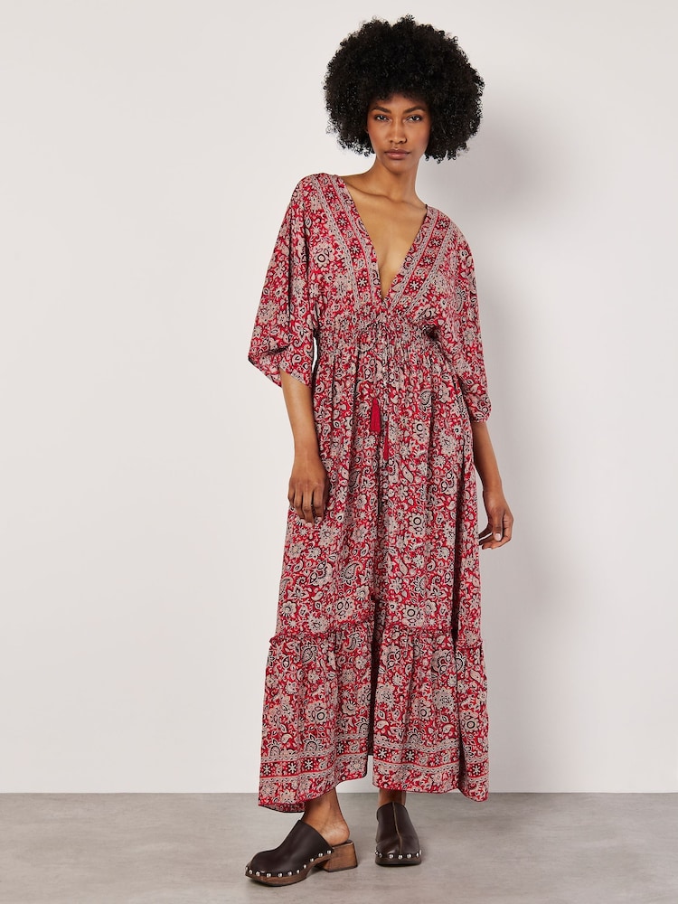 Apricot Red Paisley Foil Flowers Tassel Dress - Image 1 of 5