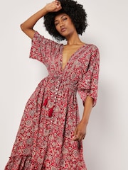 Apricot Red Paisley Foil Flowers Tassel Dress - Image 2 of 5