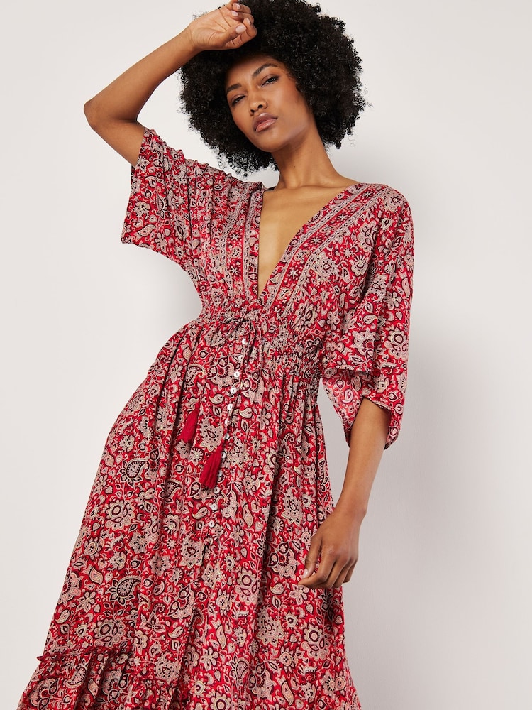Apricot Red Paisley Foil Flowers Tassel Dress - Image 2 of 5