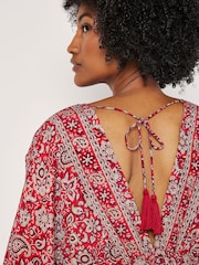 Apricot Red Paisley Foil Flowers Tassel Dress - Image 4 of 5