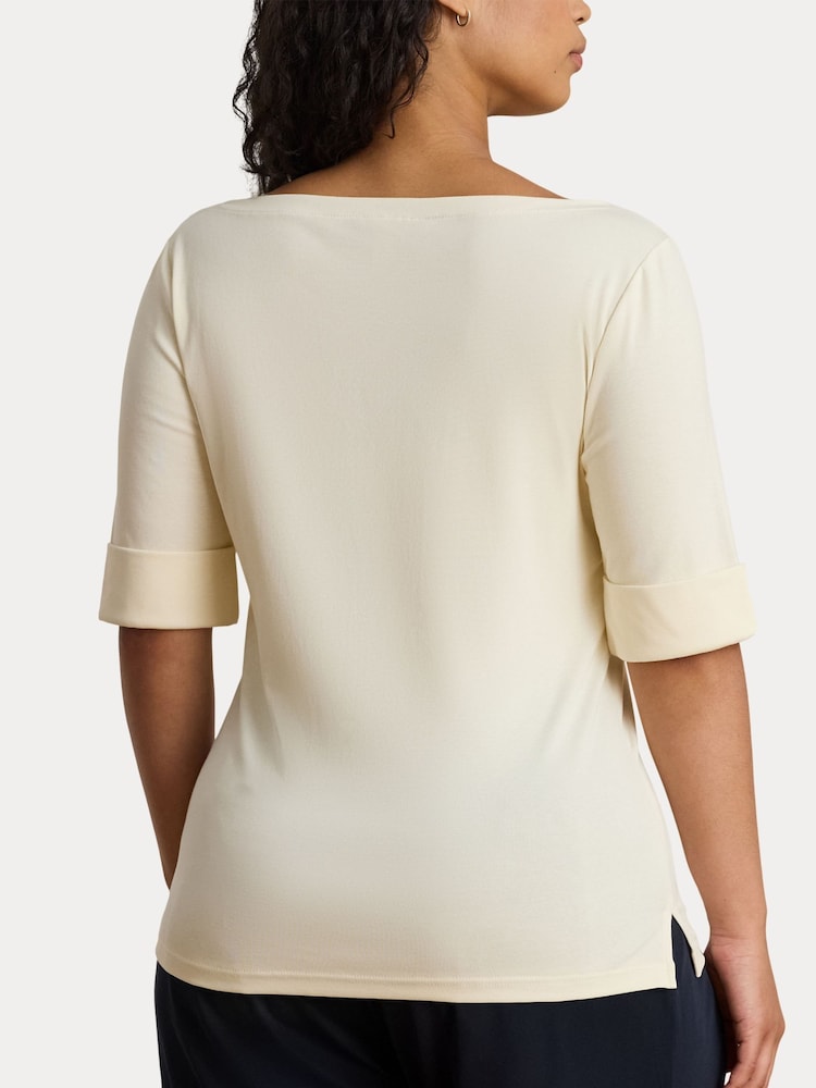Lauren Ralph Lauren Cream Curve Judy Patterned Boat Neck Quarter Sleeve Jersey Stretch Top - Image 2 of 6 Lauren Ralph Lauren Cream Curve Judy Patterned Boat Neck Quarter Sleeve Jersey Stretch Top - Image 2 of 6