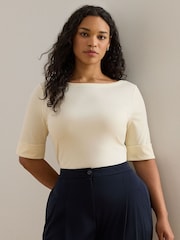 Lauren Ralph Lauren Cream Curve Judy Patterned Boat Neck Quarter Sleeve Jersey Stretch Top - Image 3 of 6