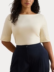Lauren Ralph Lauren Cream Curve Judy Patterned Boat Neck Quarter Sleeve Jersey Stretch Top - Image 5 of 6