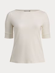 Lauren Ralph Lauren Cream Curve Judy Patterned Boat Neck Quarter Sleeve Jersey Stretch Top - Image 6 of 6