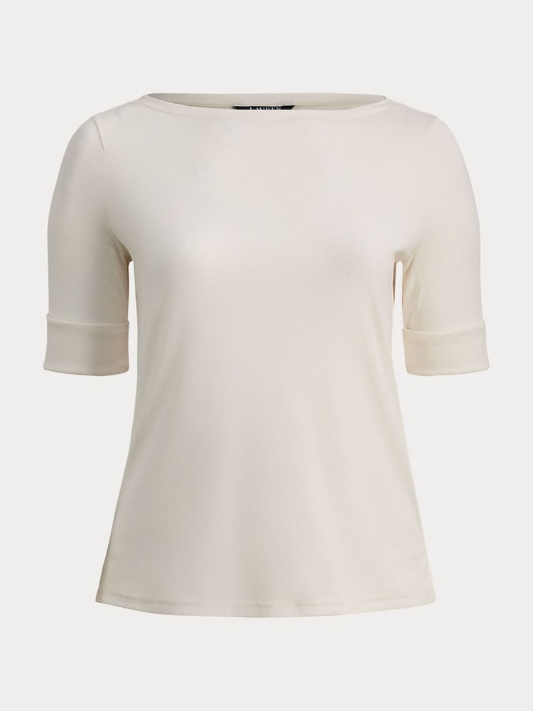 Lauren Ralph Lauren Cream Curve Judy Patterned Boat Neck Quarter Sleeve Jersey Stretch Top - Image 6 of 6 Lauren Ralph Lauren Cream Curve Judy Patterned Boat Neck Quarter Sleeve Jersey Stretch Top - Image 6 of 6