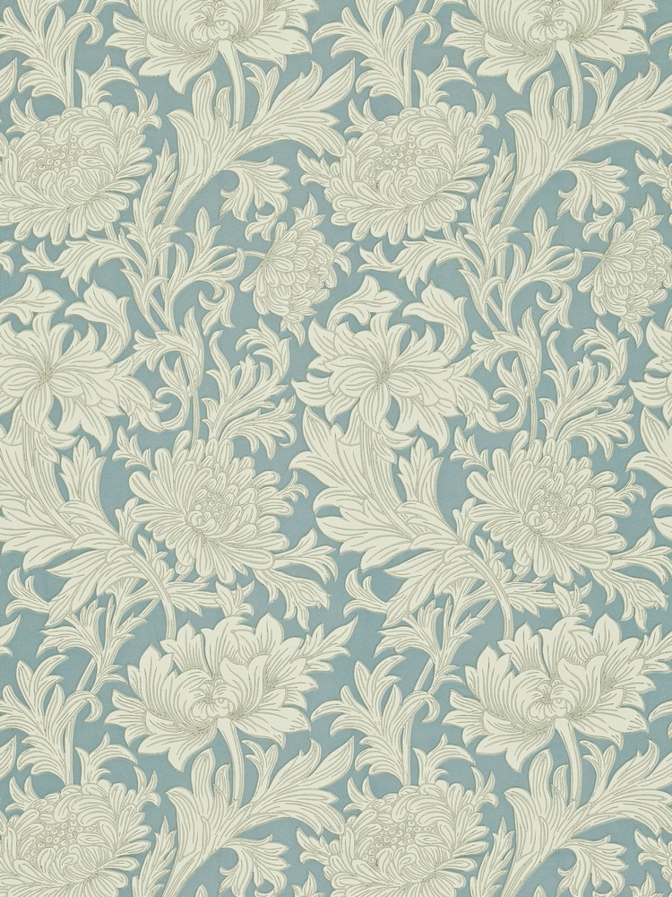 Morris & Co Chrysanthemum Toile China Blue Cream Morris Friends A4 Wallpaper - Image 1 of 1