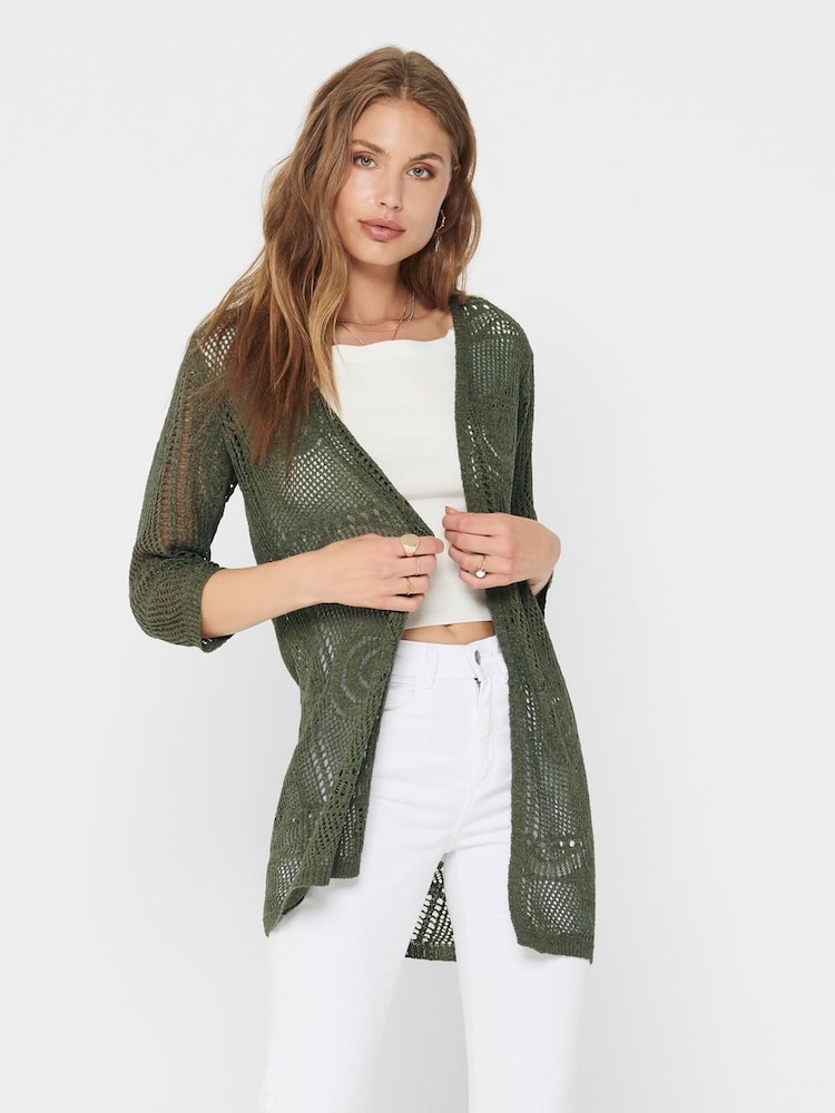JDY Khaki 3/4 Sleeve Crochet Kimono Cardigan - Image 1 of 5