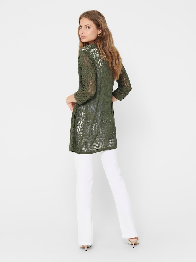 JDY Khaki 3/4 Sleeve Crochet Kimono Cardigan - Image 2 of 5
