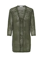 JDY Khaki 3/4 Sleeve Crochet Kimono Cardigan - Image 4 of 5
