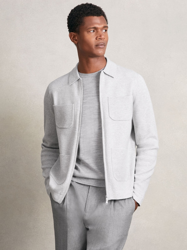 Reiss Soft Grey Roberto Four-Pocket Zip-Through Cardigan - Image 1 of 7