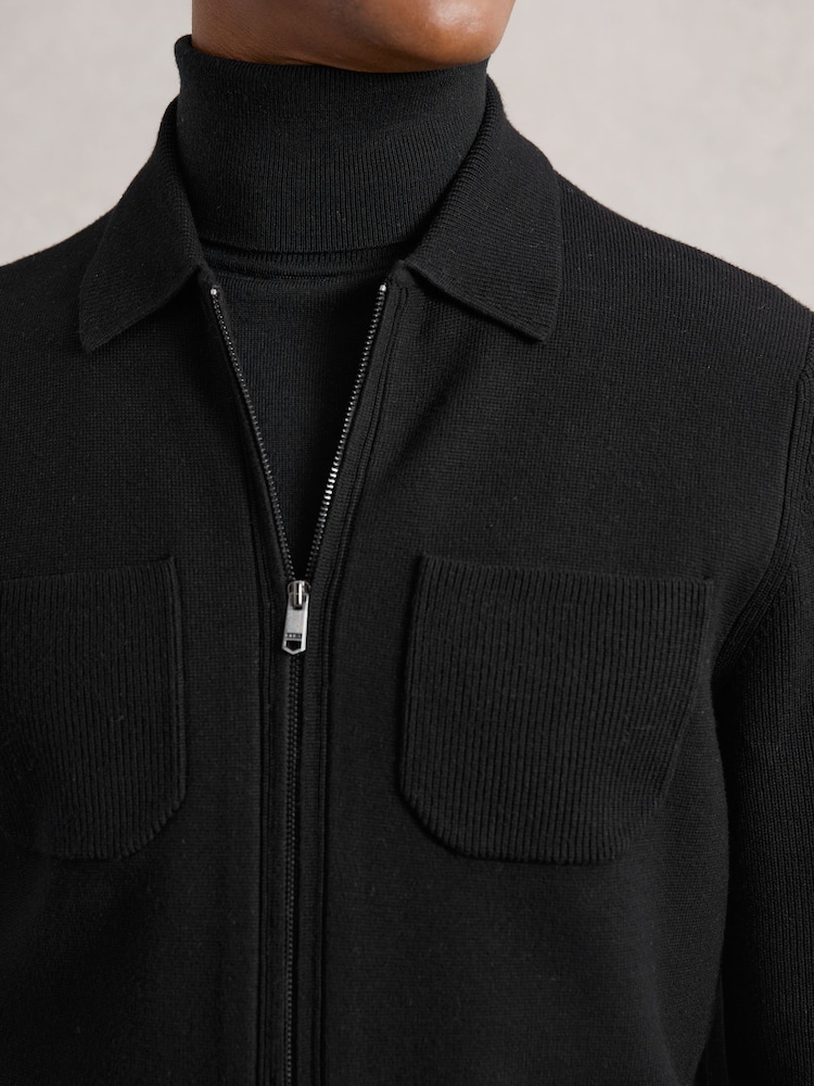 Reiss Black Roberto Four-Pocket Zip-Through Cardigan - Image 1 of 6 Reiss Black Roberto Four-Pocket Zip-Through Cardigan - Image 1 of 6
