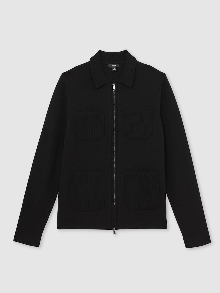 Reiss Black Roberto Four-Pocket Zip-Through Cardigan - Image 2 of 6 Reiss Black Roberto Four-Pocket Zip-Through Cardigan - Image 2 of 6