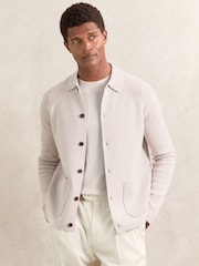 Reiss Oatmeal Brown Fitzgerald Button-Through Ribbed-Sleeve Shirt - Image 1 of 7