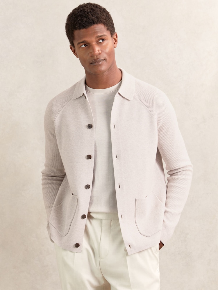 Reiss Oatmeal Brown Fitzgerald Button-Through Ribbed-Sleeve Shirt - Image 1 of 7