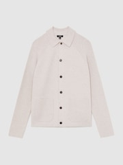 Reiss Oatmeal Brown Fitzgerald Button-Through Ribbed-Sleeve Shirt - Image 2 of 7