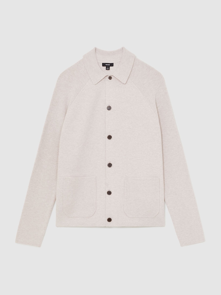 Reiss Oatmeal Brown Fitzgerald Button-Through Ribbed-Sleeve Shirt - Image 2 of 7