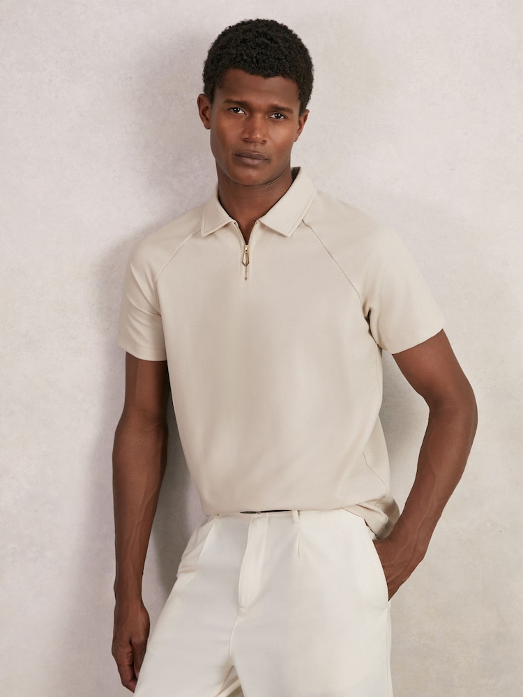 Reiss Stone Winston Textured Raglan Half-Zip Polo Shirt - Image 1 of 5