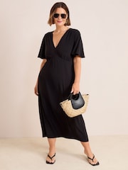 Friends Like These Blue Curve V-Neck ITY Flutter Sleeve Midi Dress - Image 3 of 4