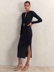 Reiss Navy Willa Rib-Knit Buttoned Belted Midi Dress - Image 1 of 5
