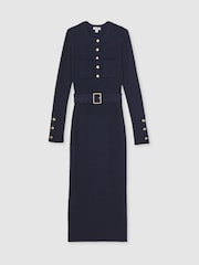 Reiss Navy Willa Rib-Knit Buttoned Belted Midi Dress - Image 2 of 5