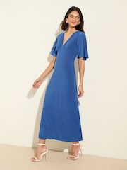 Friends Like These Blue V-Neck ITY Flutter Sleeve Midi Dress - Image 4 of 5