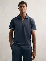 Reiss Airforce Blue Zain Textured Half-Zip Tipped Polo Shirt - Image 1 of 6