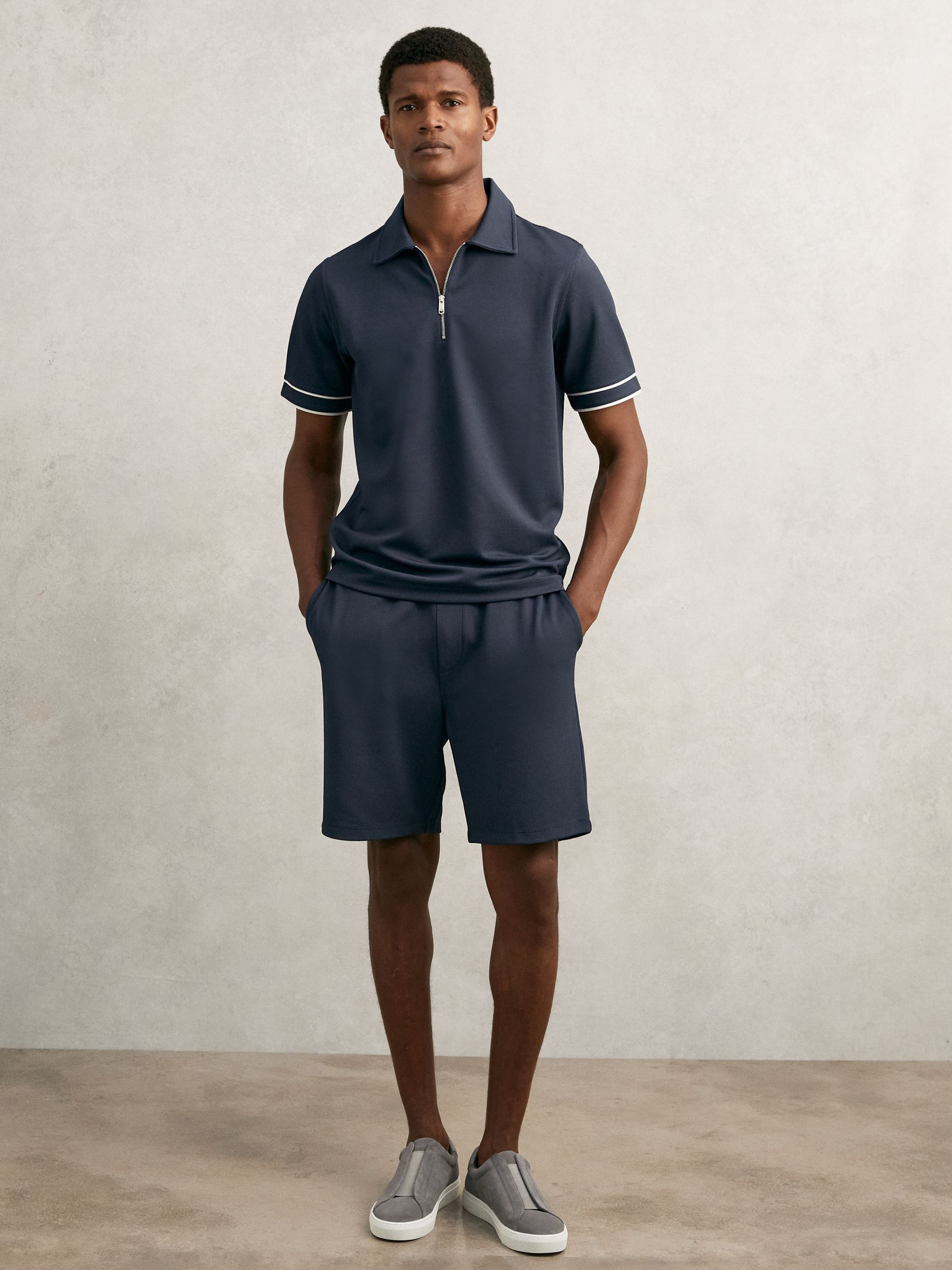 Buy Reiss Airforce Blue Zain Textured Half-Zip Tipped Polo Shirt