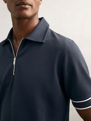 Reiss Airforce Blue Zain Textured Half-Zip Tipped Polo Shirt - Image 4 of 6