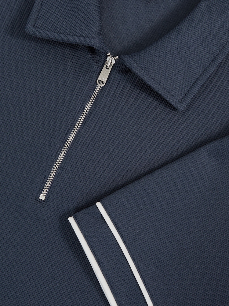 Reiss Airforce Blue Zain Textured Half-Zip Tipped Polo Shirt - Image 6 of 6