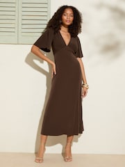 Friends Like These Chocolate Brown V-Neck ITY Flutter Sleeve Midi Dress - Image 1 of 4