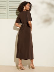 Friends Like These Chocolate Brown V-Neck ITY Flutter Sleeve Midi Dress - Image 4 of 4