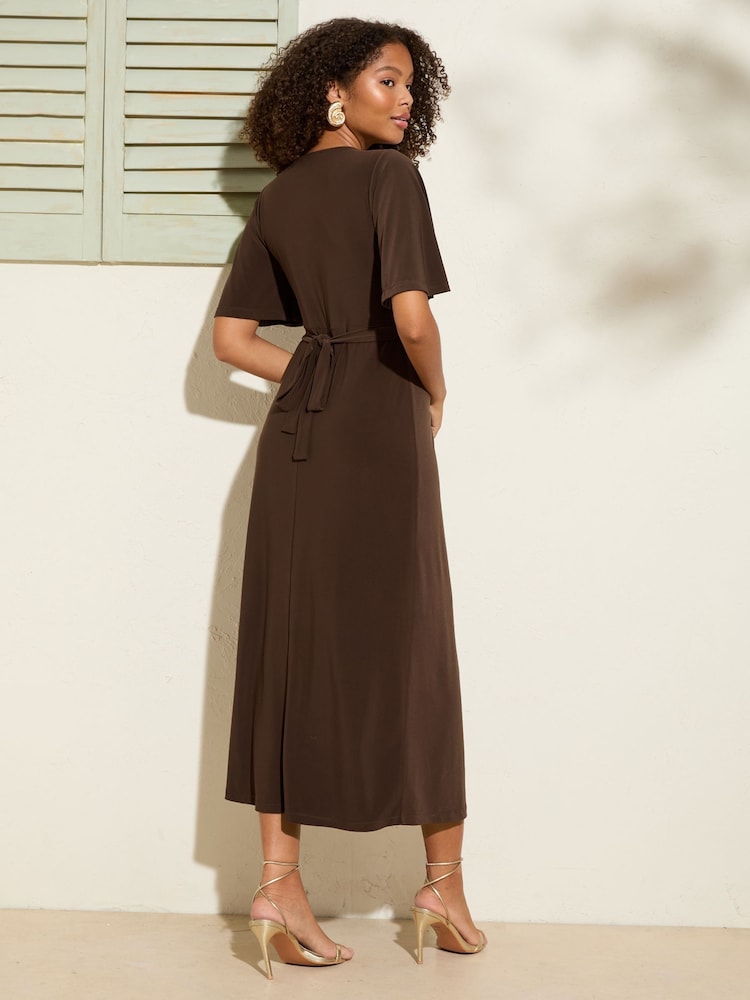 Friends Like These Chocolate Brown V-Neck ITY Flutter Sleeve Midi Dress - Image 4 of 4