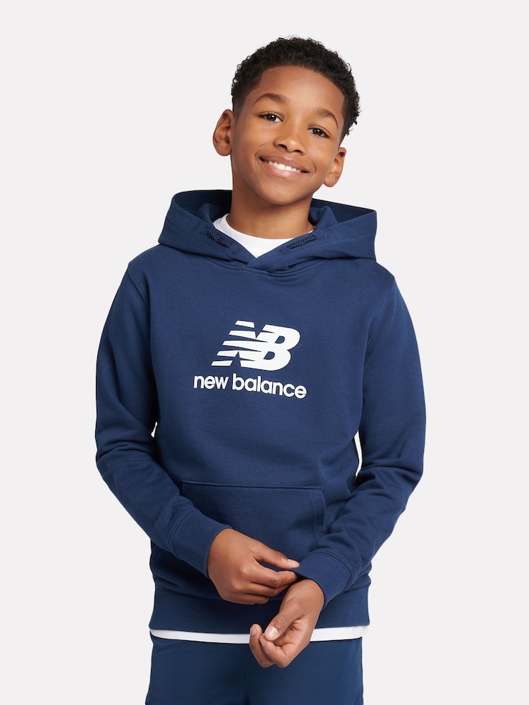 New Balance Blue Kids French Terry Stacked 100% Cotton Logo Hoodie - Image 1 of 5