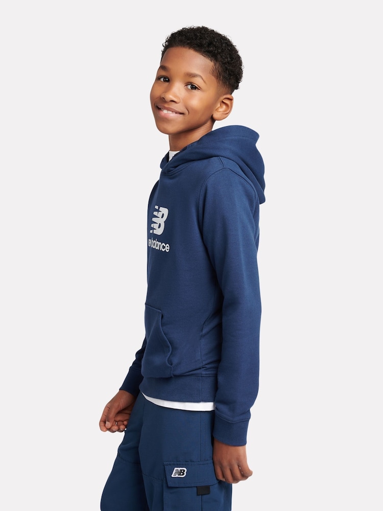 New Balance Blue Kids French Terry Stacked 100% Cotton Logo Hoodie - Image 2 of 5