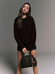 Chocolate Brown Wool Blend Cable Knit Collar Cardigan - Image 1 of 9