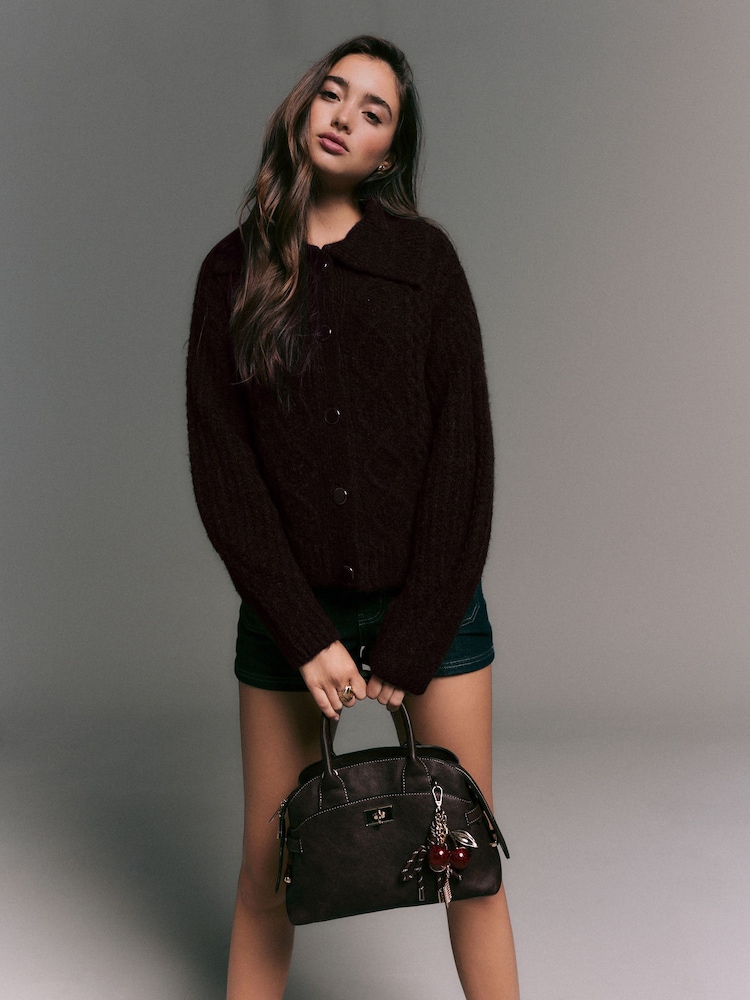 Chocolate Brown Wool Blend Cable Knit Collar Cardigan - Image 1 of 9