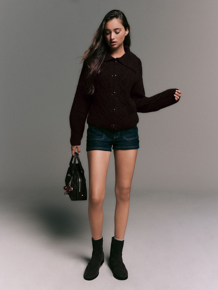 Chocolate Brown Wool Blend Cable Knit Collar Cardigan - Image 2 of 9