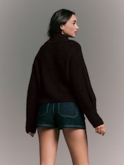 Chocolate Brown Wool Blend Cable Knit Collar Cardigan - Image 4 of 9