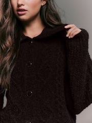 Chocolate Brown Wool Blend Cable Knit Collar Cardigan - Image 5 of 9