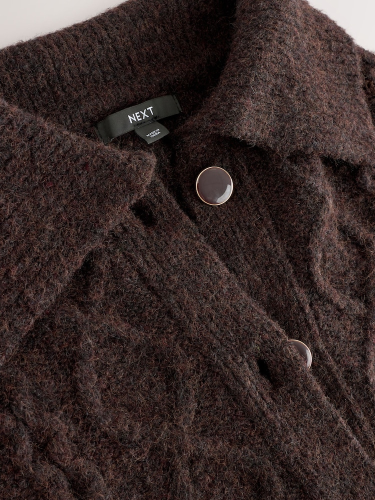 Chocolate Brown Wool Blend Cable Knit Collar Cardigan - Image 8 of 8