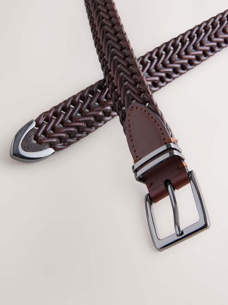 Chocolate Brown Woven Leather Belt With Metal Tip - Image 3 of 3