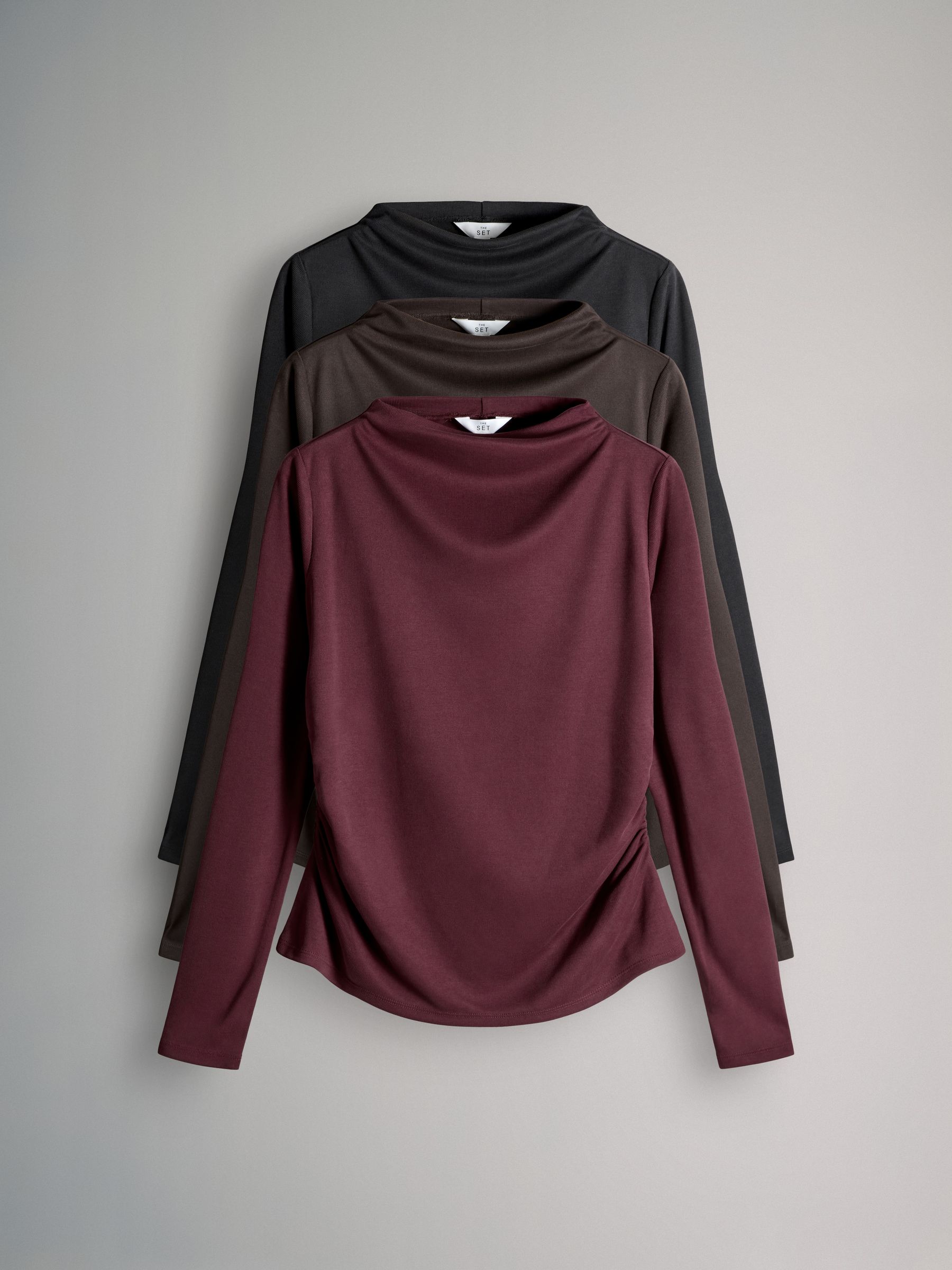Buy The Set 3 Pack Drape Longsleeve Tops Black/Brown/Taupe from