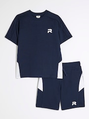 River Island Blue Boys Block Piped 100% Cotton Tee Shorts Set - Image 1 of 5