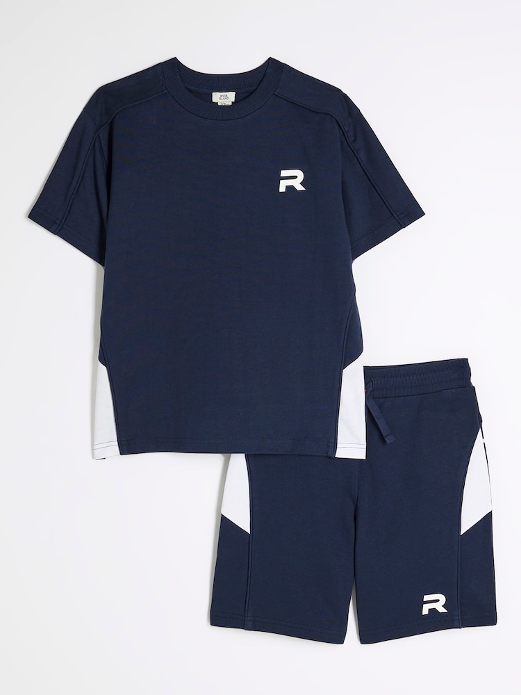 River Island Blue Boys Block Piped 100% Cotton Tee Shorts Set - Image 1 of 5
