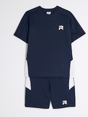 River Island Blue Boys Block Piped 100% Cotton Tee Shorts Set - Image 2 of 5