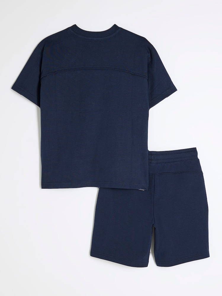 River Island Blue Boys Block Piped 100% Cotton Tee Shorts Set - Image 3 of 5