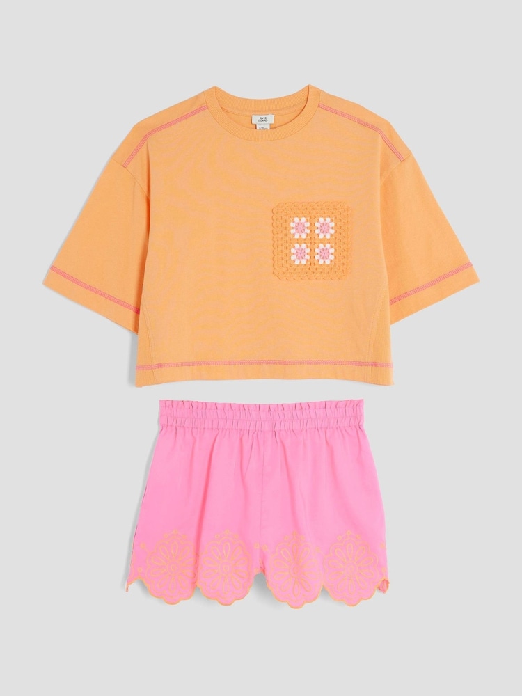 River Island Pink Girls Crochet Pocket Shorts Set - Image 1 of 4