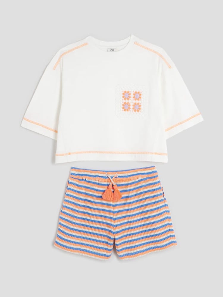 River Island White Girls Crochet Pocket Shorts Set - Image 2 of 5