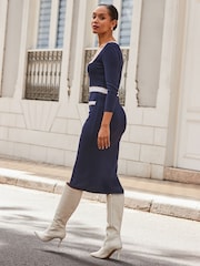 Sosandar Blue Contrast Trim Square Neck Knitted Dress - Image 3 of 6