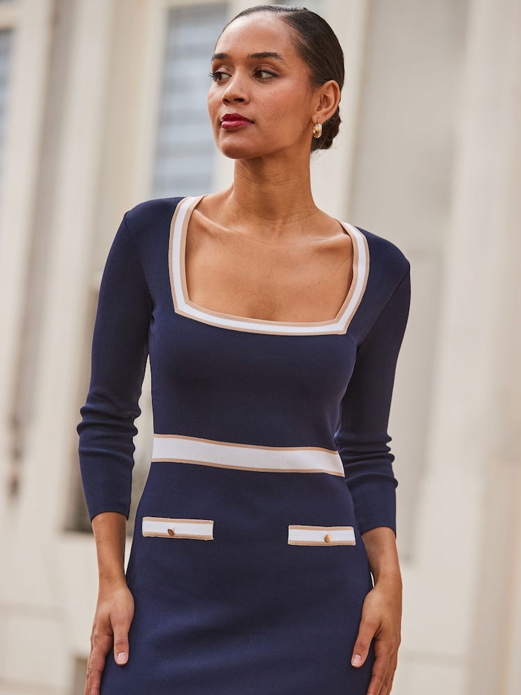 Sosandar Blue Contrast Trim Square Neck Knitted Dress - Image 6 of 6